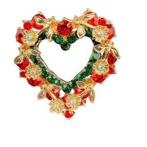 Vintage Heart Shaped Rhinestone Holiday Brooch Gold Tone Red & Green Floral Acce